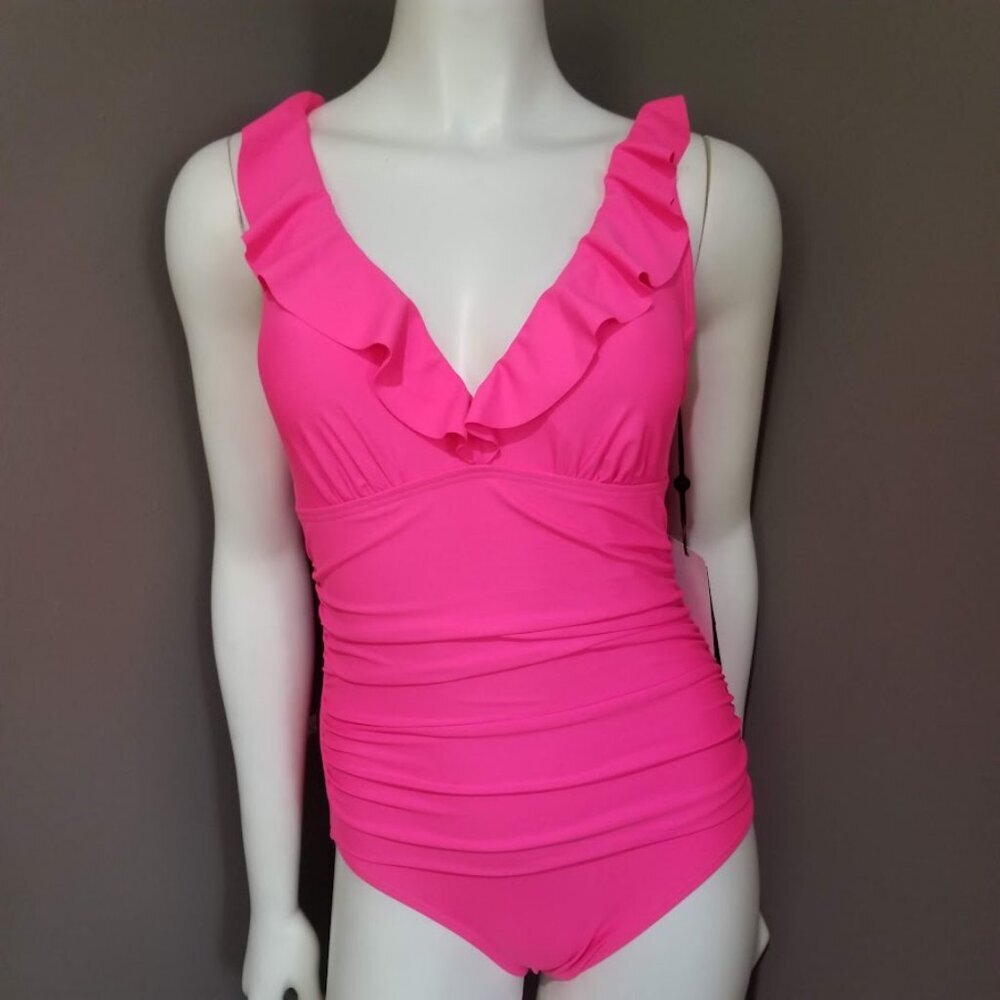 DKNY Ruffle Plunge Underwire Tummy Control One-Piece Swimsuit Neon Pink - Picture 2 of 11